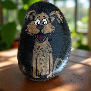 Hand crafted painted dog on black rock brown tan happy puppy 2x2.5 inches approx